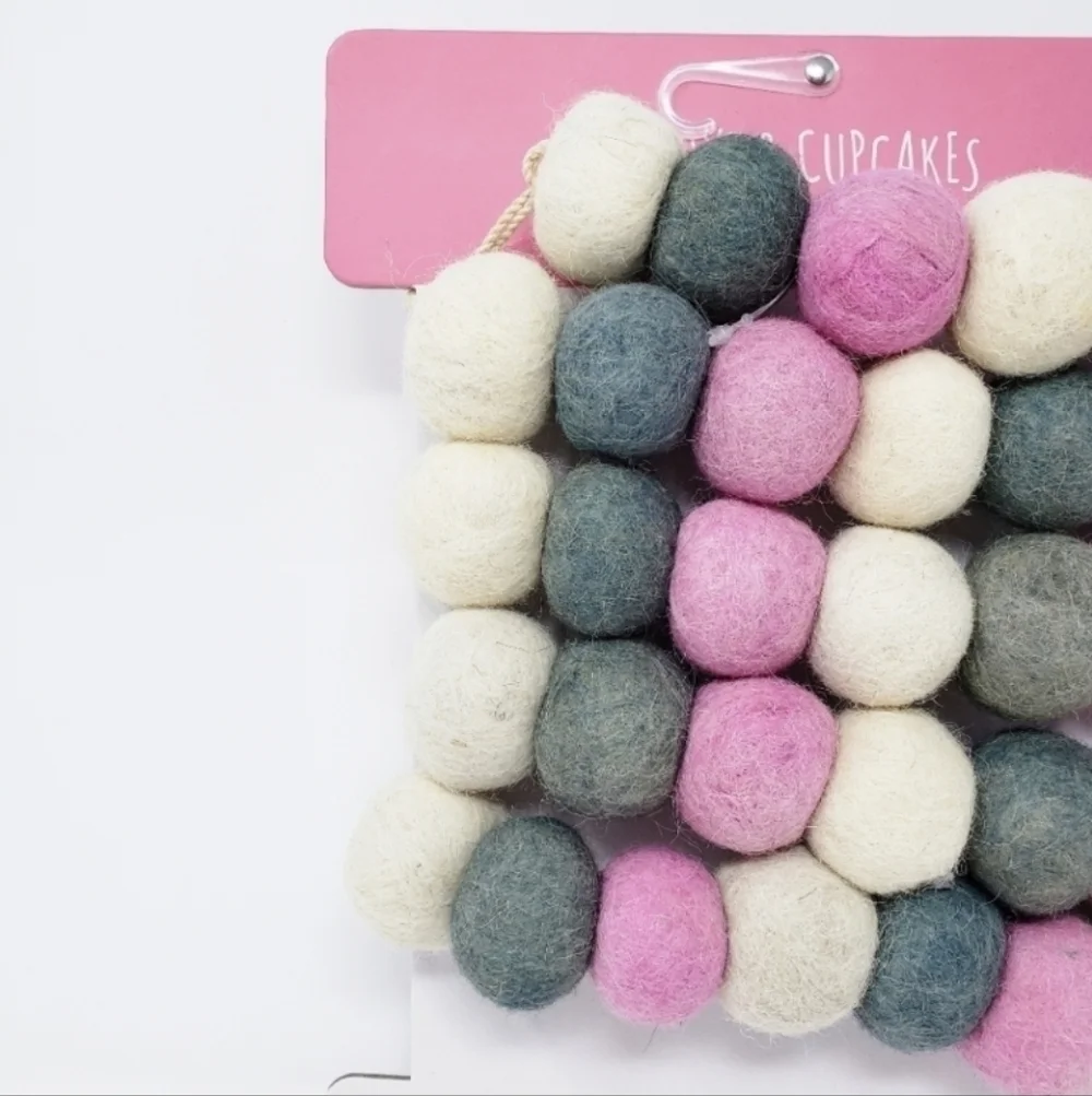 Love & Cupcakes Felted Wool Pom Pom Ball Garland Valentine's Day